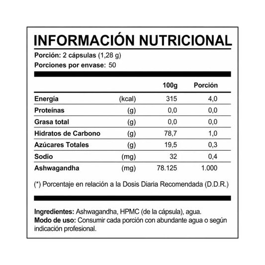 Tabla nutricional e ingredientes de Ashwagandha 1000 mg Smart Nutrition