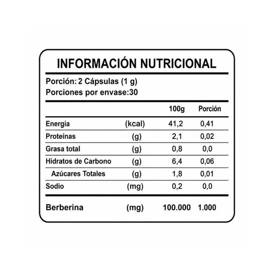 Tabla nutricional e ingredientes de Berberina 1000 mg Alta Pureza Smart Nutrition