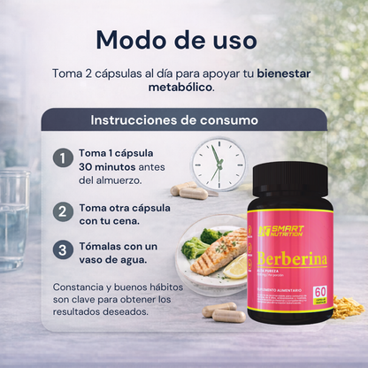 Berberina de Alta Pureza Smart Nutrition como complemento para el equilibrio metabólico diario