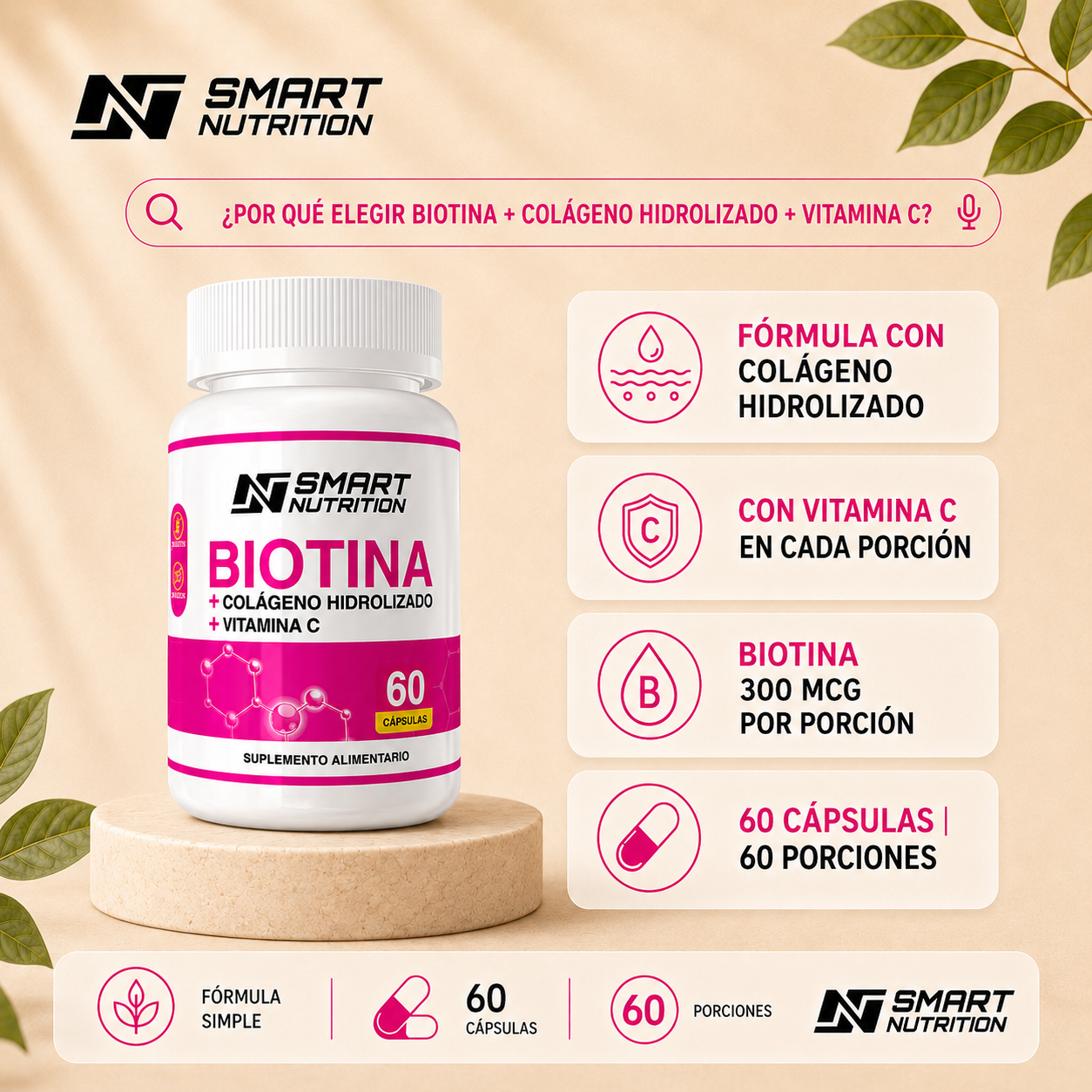 Detalle de las cápsulas de Biotina + Colágeno + Vitamina C Smart Nutrition