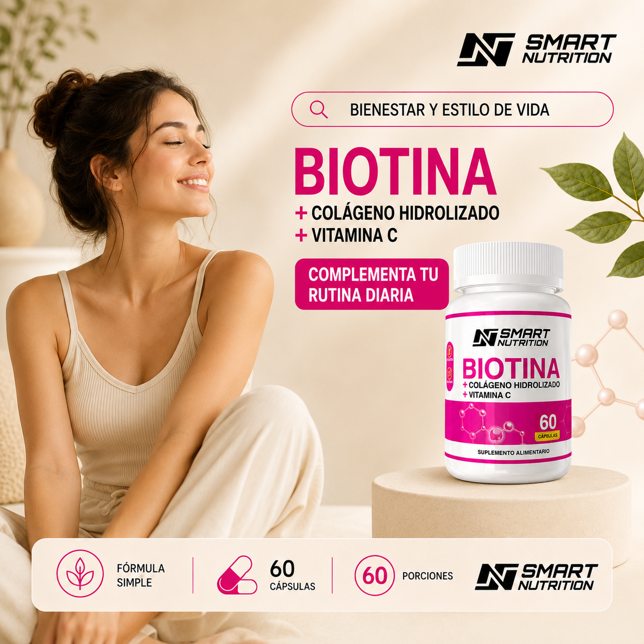 Etiqueta con información nutricional de Biotina + Colágeno + Vitamina C