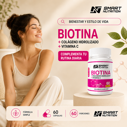 Etiqueta con información nutricional de Biotina + Colágeno + Vitamina C