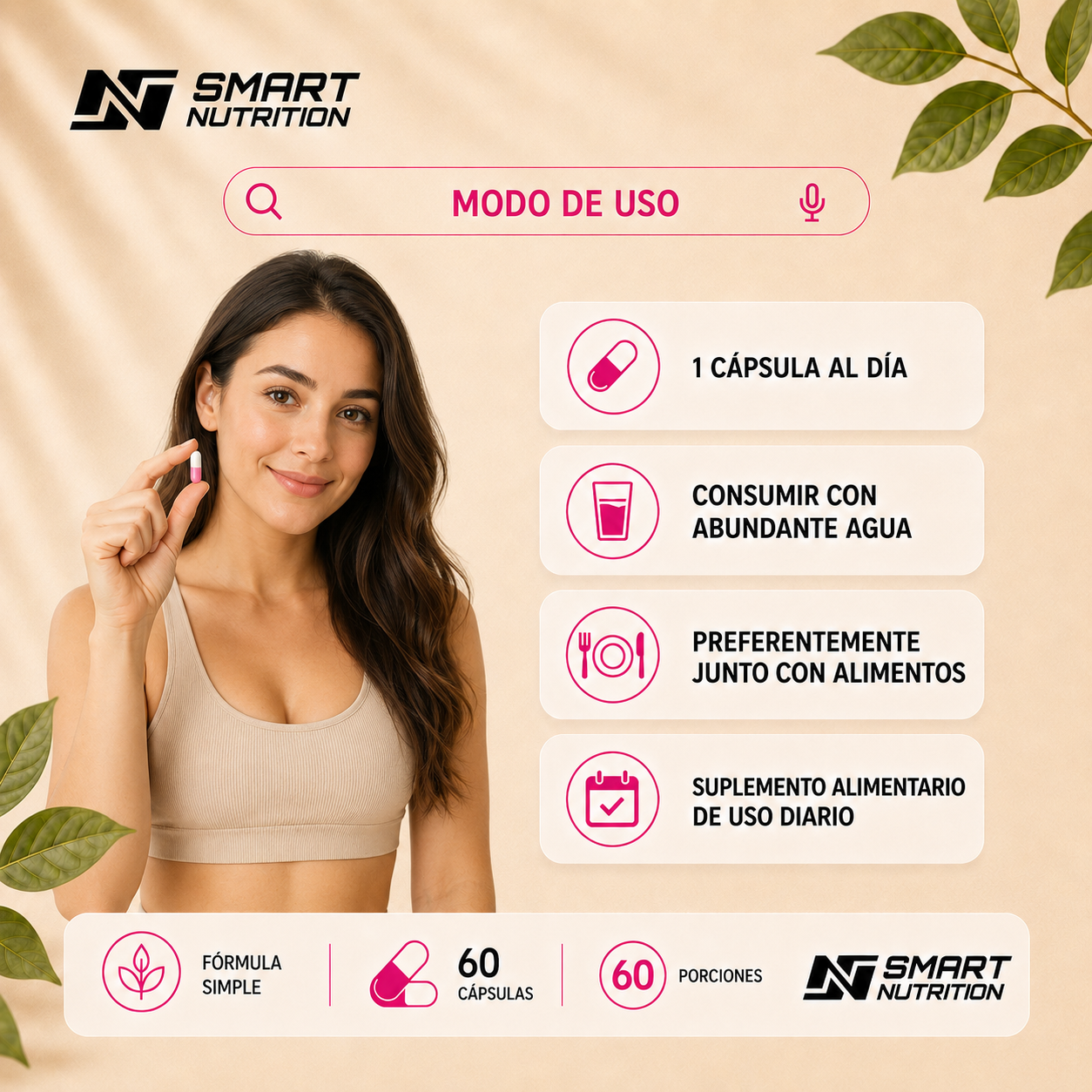 Modo de uso recomendado de Biotina + Colágeno + Vitamina C: 1 cápsula al día