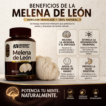 Frasco de Melena de León 600 mg Smart Nutrition, 60 cápsulas vegetales