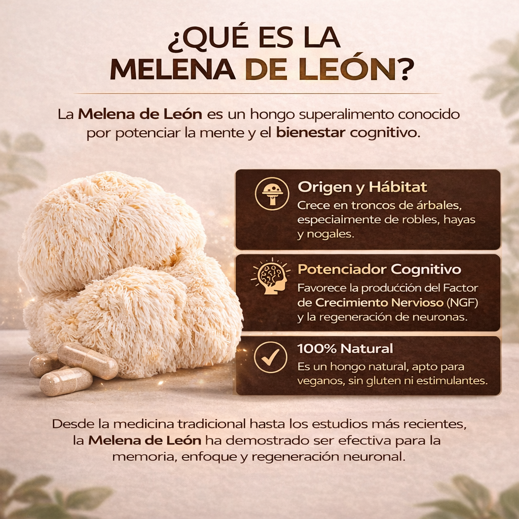 Melena de León, hongo funcional Hericium erinaceus en formato cápsula