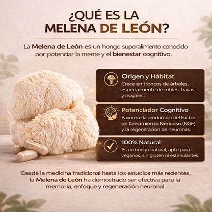 Melena de León, hongo funcional Hericium erinaceus en formato cápsula
