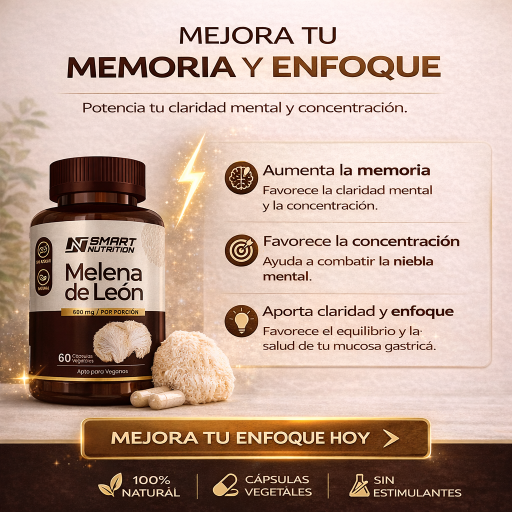 Etiqueta con información nutricional y modo de uso de Melena de León Smart Nutrition