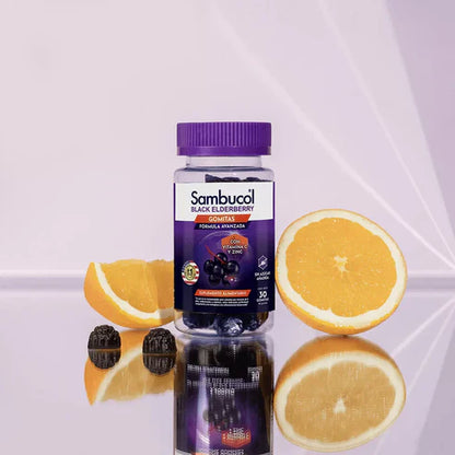 Sambucol Gomitas Black Elderberry junto a cítricos, fuente de vitamina C