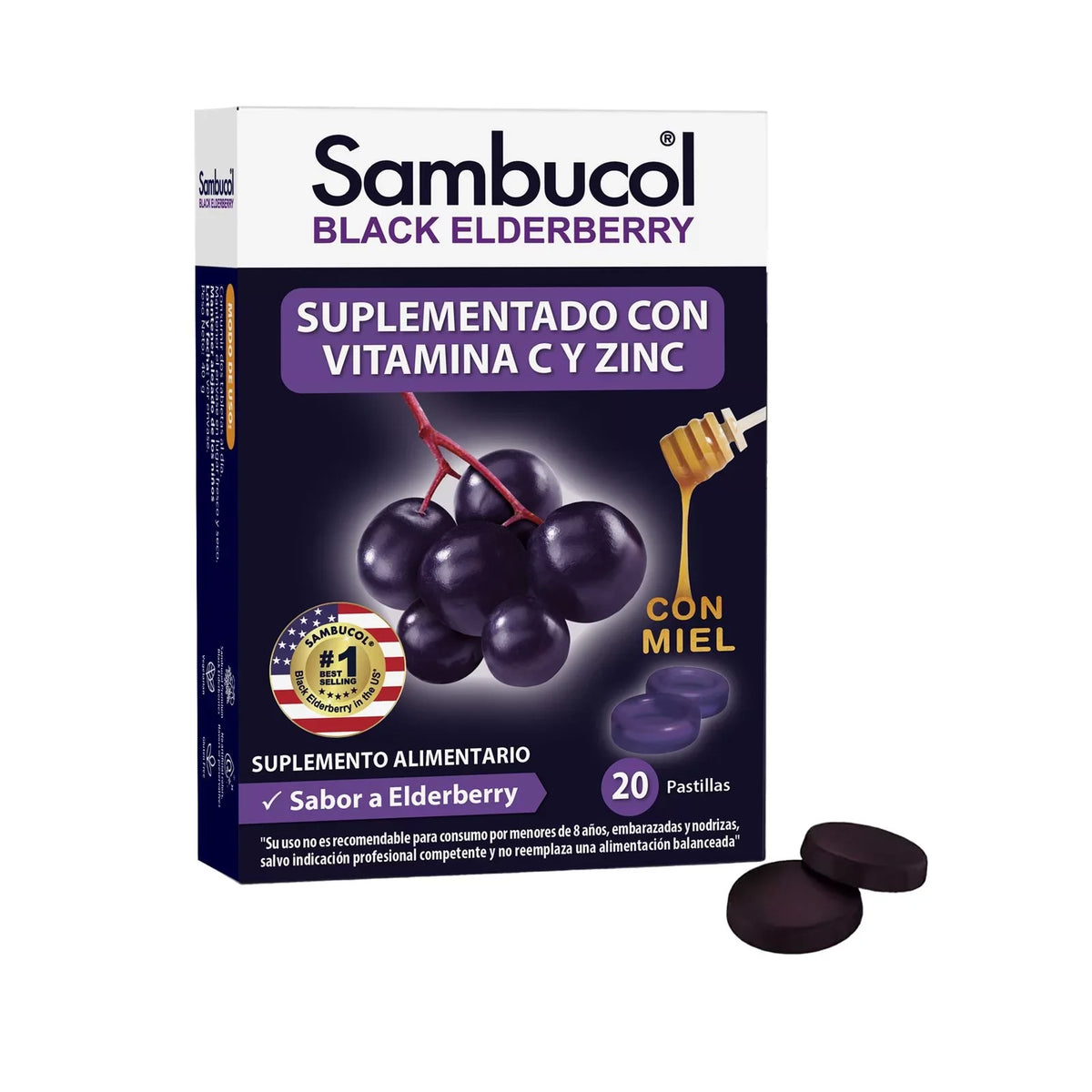 Vista frontal de la caja de Sambucol Pastillas Blandas Black Elderberry