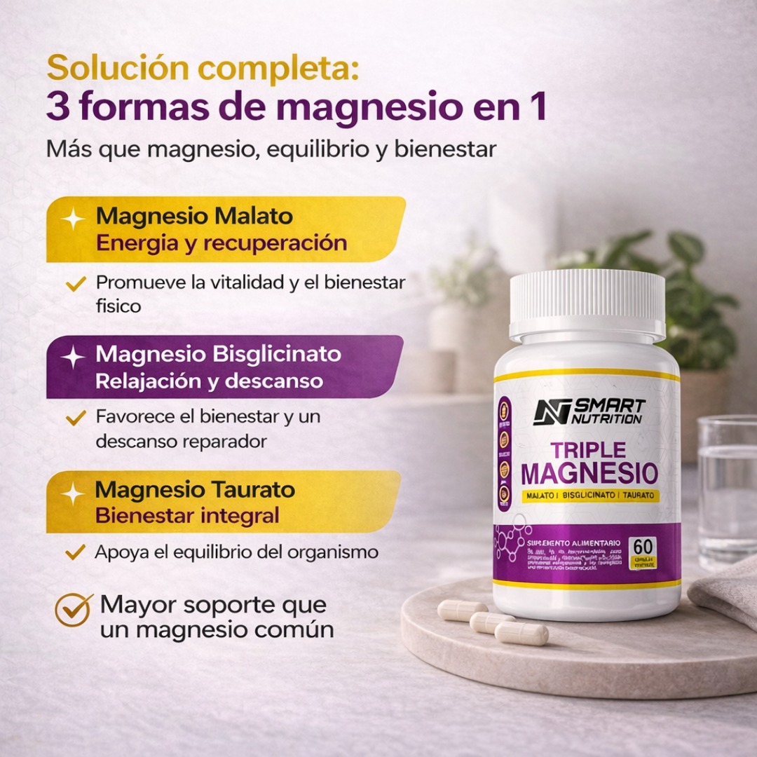 Las tres formas de magnesio explicadas: Malato para energía, Bisglicinato para relajación, Taurato para recuperación muscular